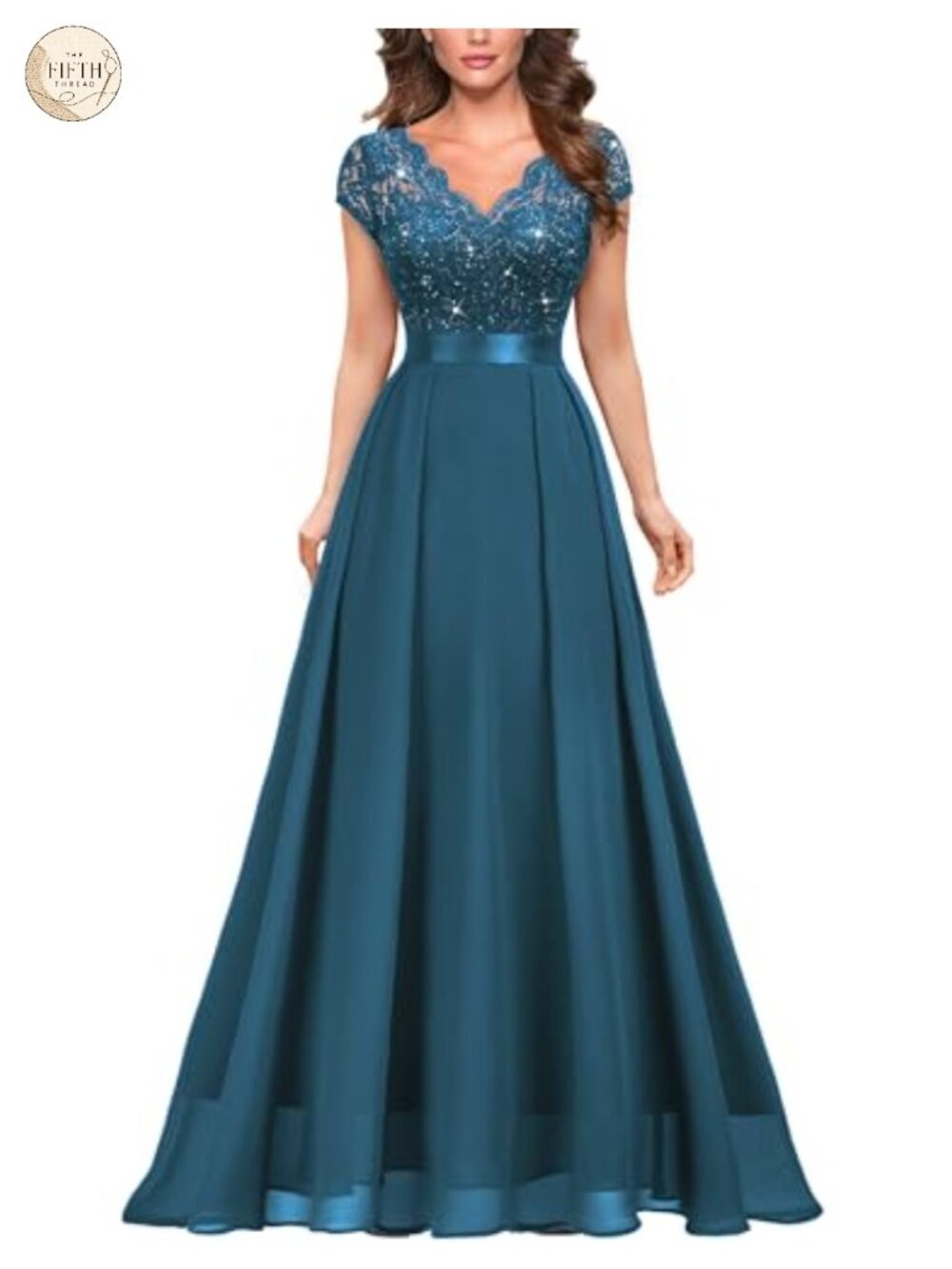 V-Neck Sequined Floral Lace Formal Evening Maxi Dress Cap Sleeve